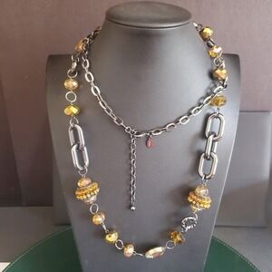 Vintage Joan‎ Rivers Women's Necklace Gun Metal Chain and Amber Beads 40 Inches
